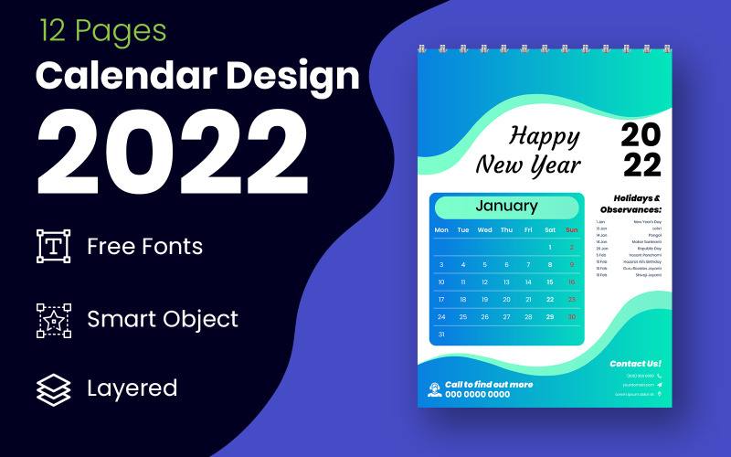 Vector de plantilla de diseño de planificador de calendario 2022 azul y negro de estilo geométrico