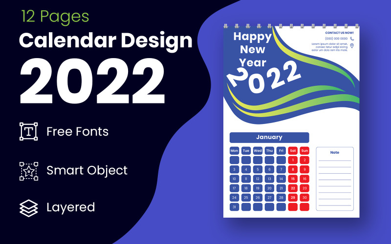 Vetor de modelo de design de calendário profissional de estilo geométrico 2022