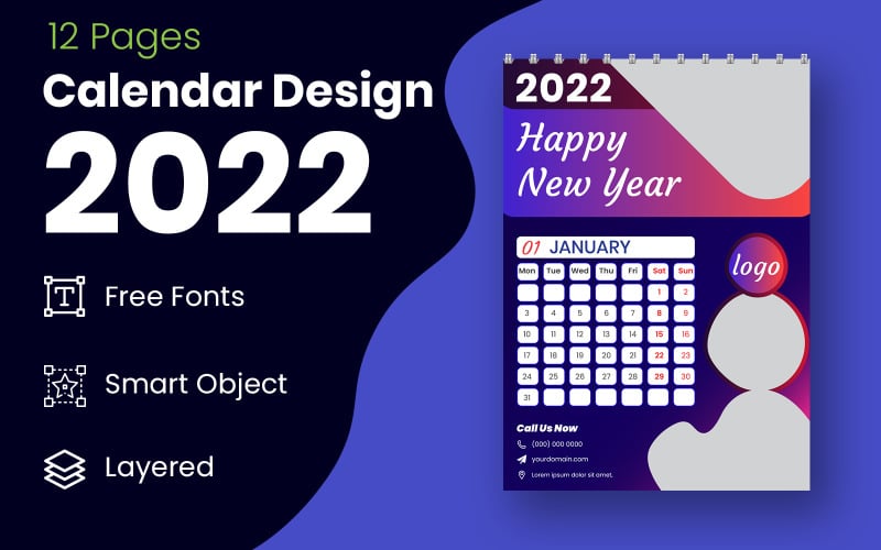 Новый год 2022 синий и черный календарь дизайн шаблона вектор