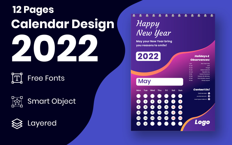 Čistý design kalendáře nový rok 2022 s vektorem šablony svátků