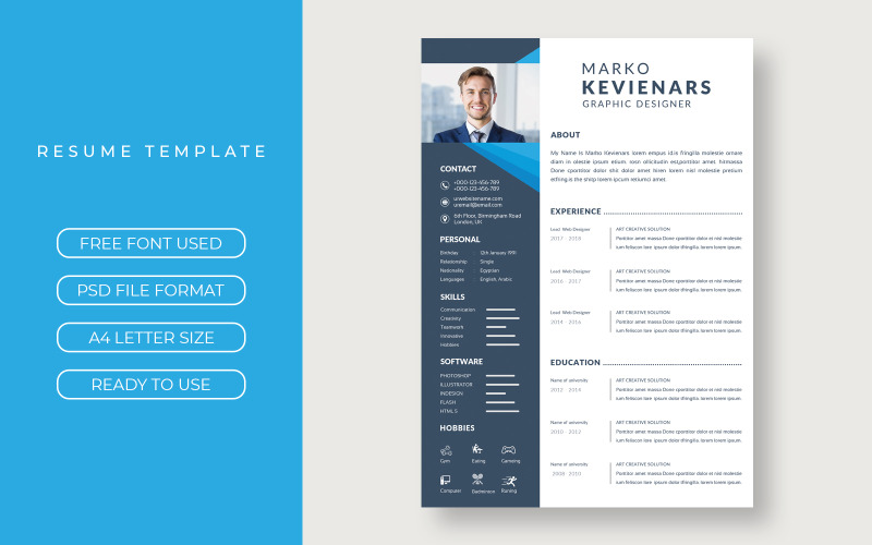 Layout del modello di curriculum poligono blu