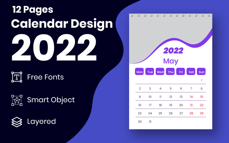 Ontwerpsjabloon voor maandelijkse kalender voor 2022