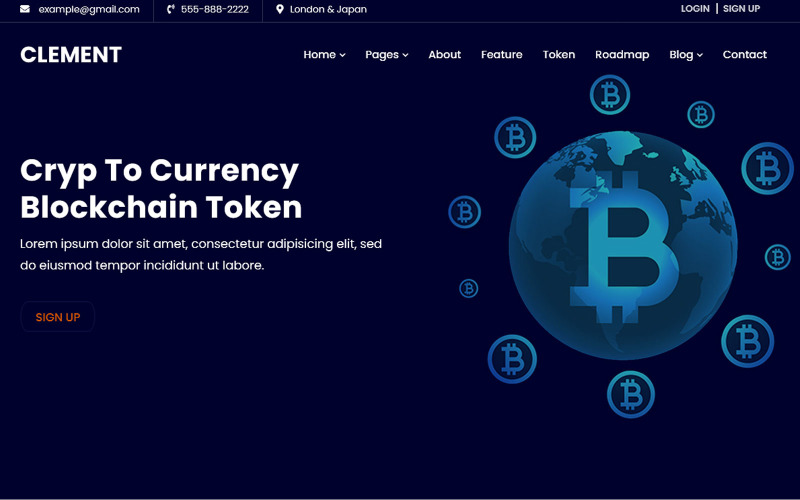 Šablona webových stránek Clement -ICO pro bitcoiny a kryptoměny
