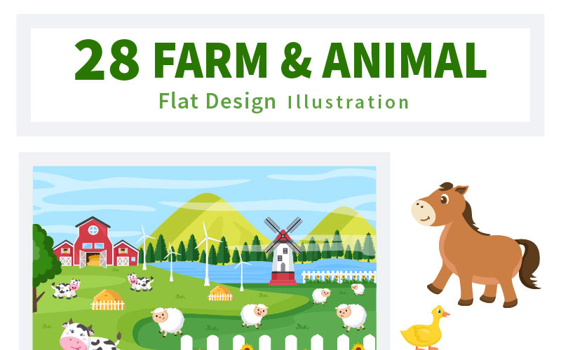 28 Illustration d'animaux de ferme de dessin animé mignon