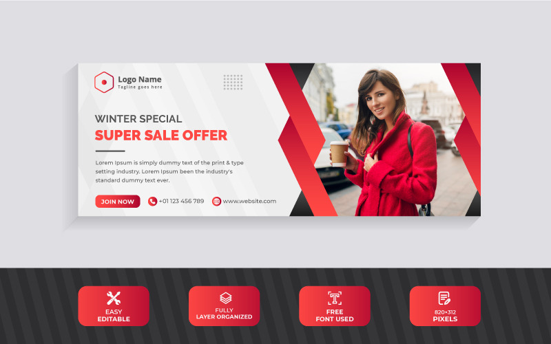 Moderne rote Farbe Winter Sale Angebot Facebook Cover Design