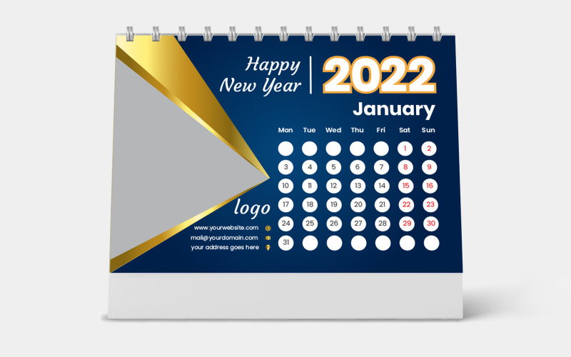 Calendário de mesa dourado azul polígono 2022