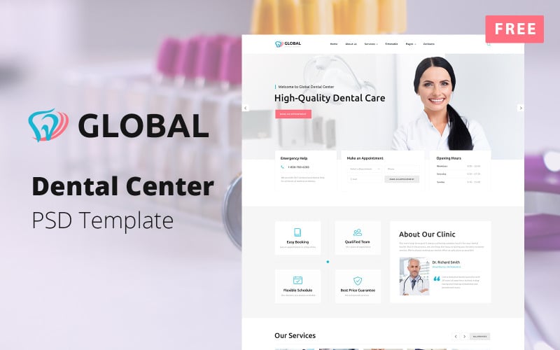 免费牙科中心多页 PSD 模板 - 全球