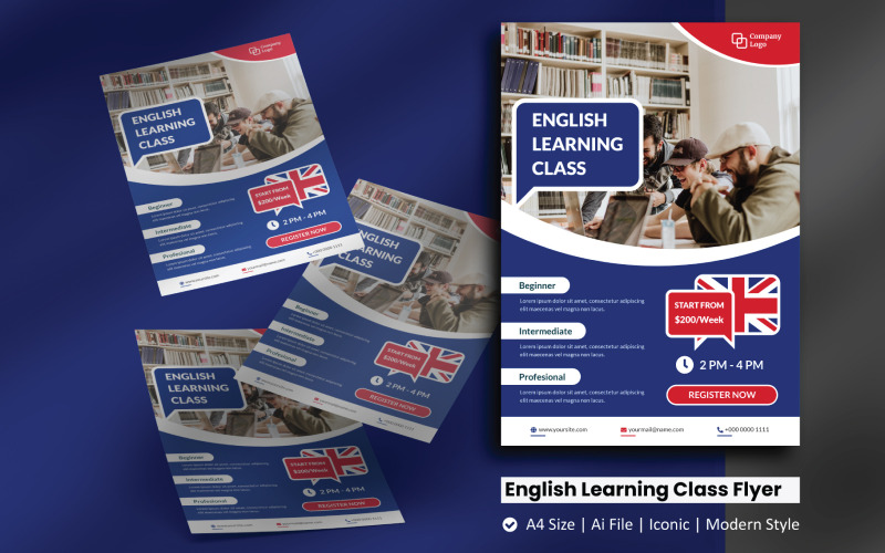 Modello di identità aziendale per volantino per lezioni di apprendimento dell'inglese