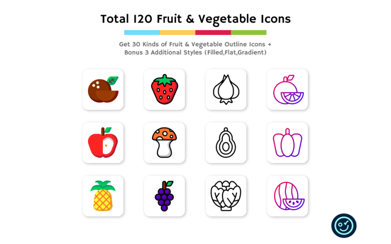 Insgesamt 120 Obst- und Gemüsesymbole - 30 Symbolarten mit 4 Stilen