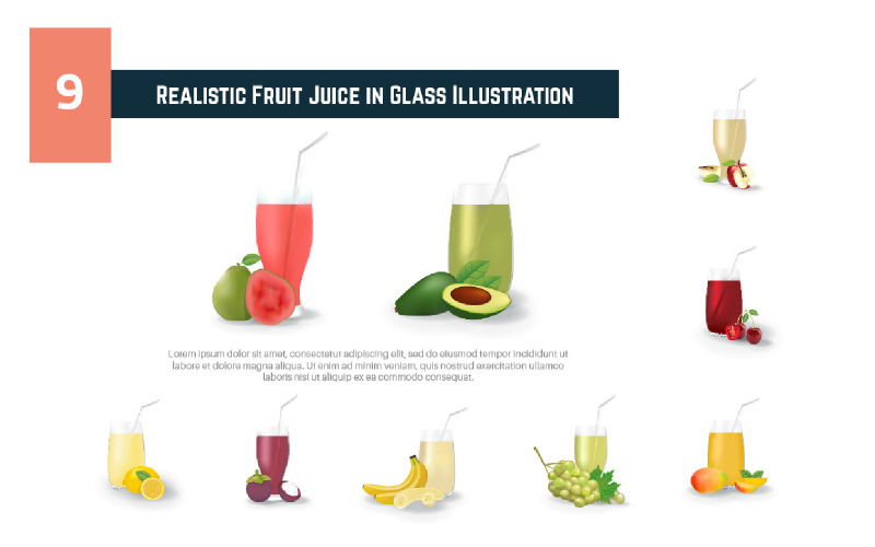 9 Suco de fruta realista em ilustração de vidro