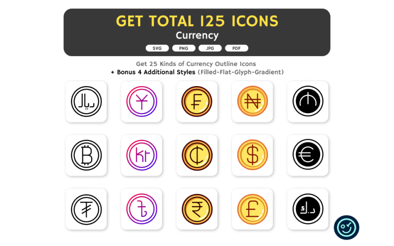Łącznie 125 ikon walut - 25 rodzajów ikon w 5 stylach