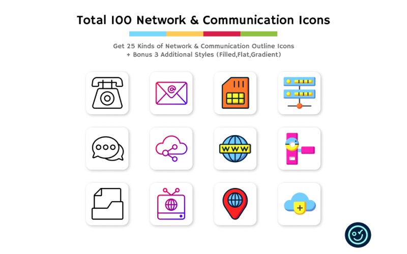 Total de 100 iconos de red y comunicación: 25 tipos de iconos con 4 estilos