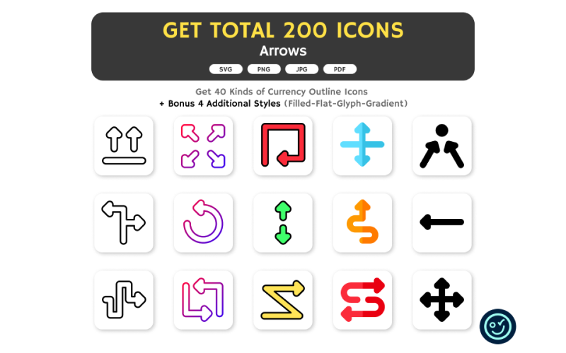 Total de 200 iconos de flechas: 40 tipos de iconos con 5 estilos