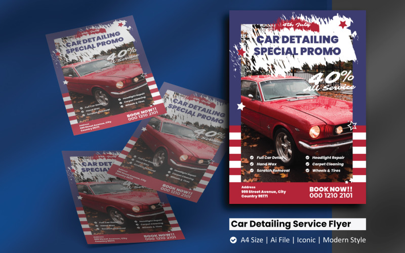 4 de julho Folheto de promoção de serviços de detalhamento de carros Modelo de identidade corporativa