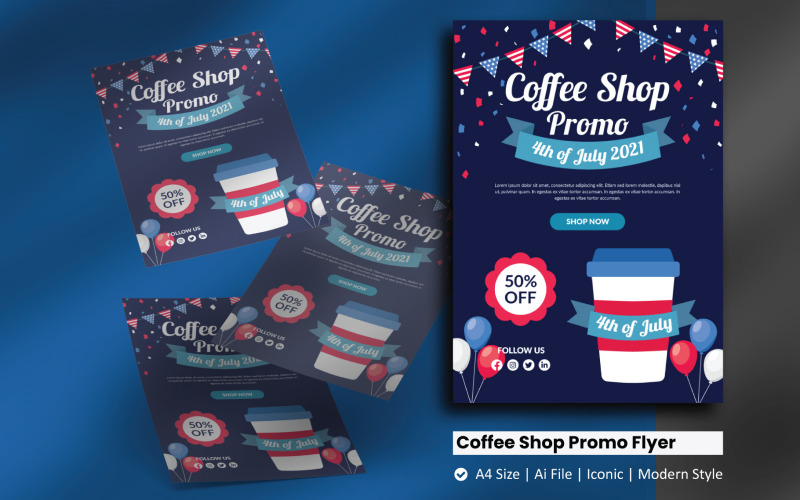 4 Temmuz Kahve Dükkanı Promosyon El İlanı Kurumsal Kimlik Şablonu