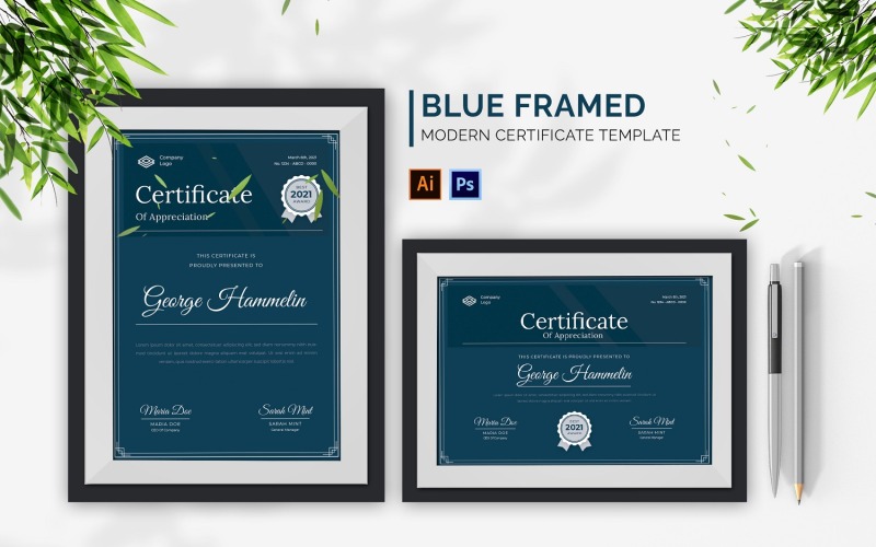 Certificado corporativo enmarcado azul