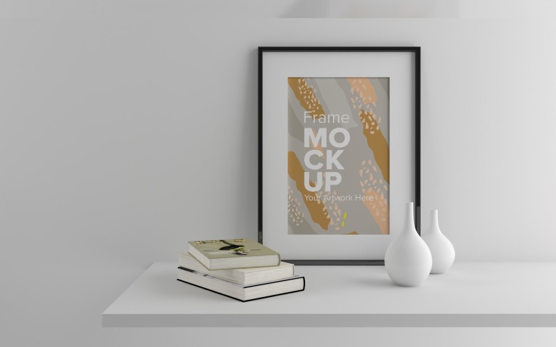 Cornice nera con libri e vasi su un muro bianco Mockup Template