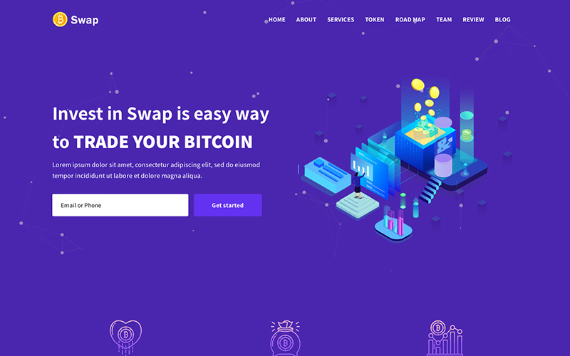 Swap - Modelo de página de destino de Bitcoin de ICO e criptomoeda