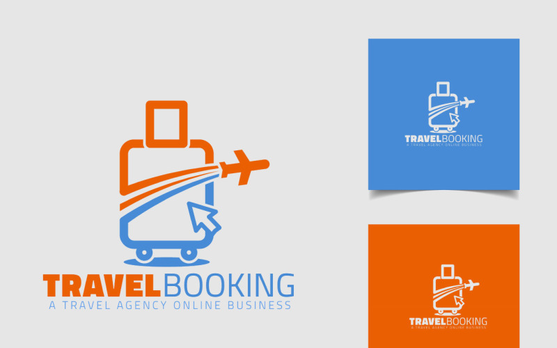 Concept de logo de voyage pour sac, avion, réservation en ligne