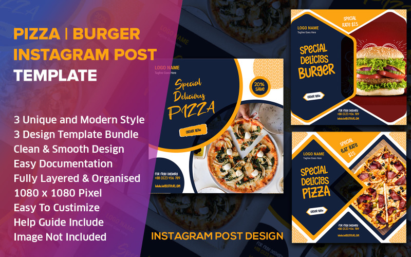 Gyorsétterem Social Media Post Design Instagram Template Bundle Pack | Pizza, hamburger, étterem