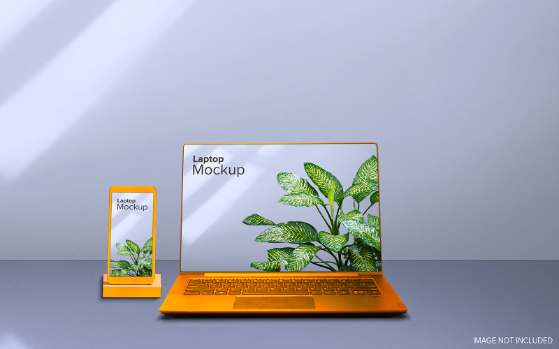 Presentazione dello schermo di progettazione di mockup per laptop e telefono in oro