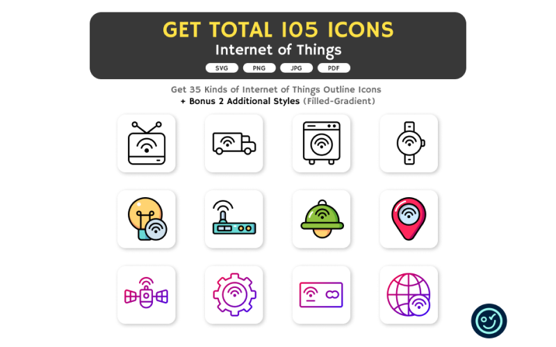 Celkem 105 ikon věcí internetu - 35 druhů ikon se 3 styly
