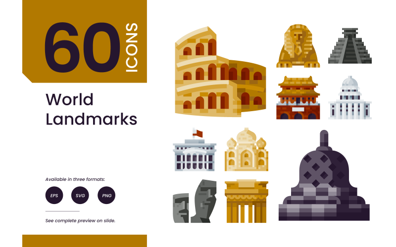 60 världens landmärken platta ikoner