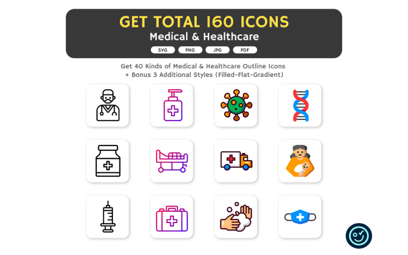 Totaal 160 pictogrammen voor medische en gezondheidszorg - 40 soorten pictogrammen met 4 stijlen
