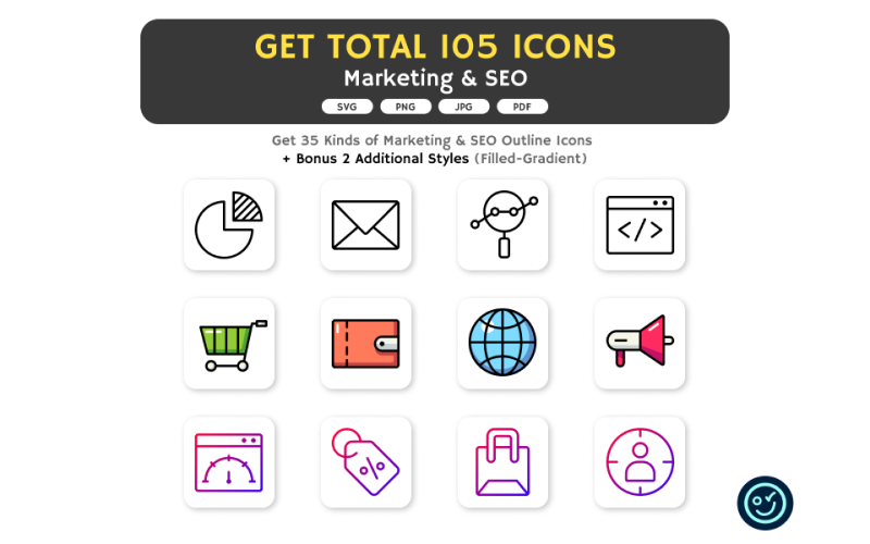 Total de 105 iconos de marketing y SEO: 35 tipos de iconos con 3 estilos
