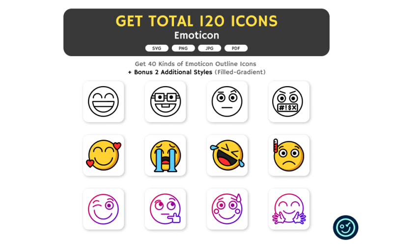 Total de 120 ícones emoticons - 40 tipos de ícone com 3 estilos