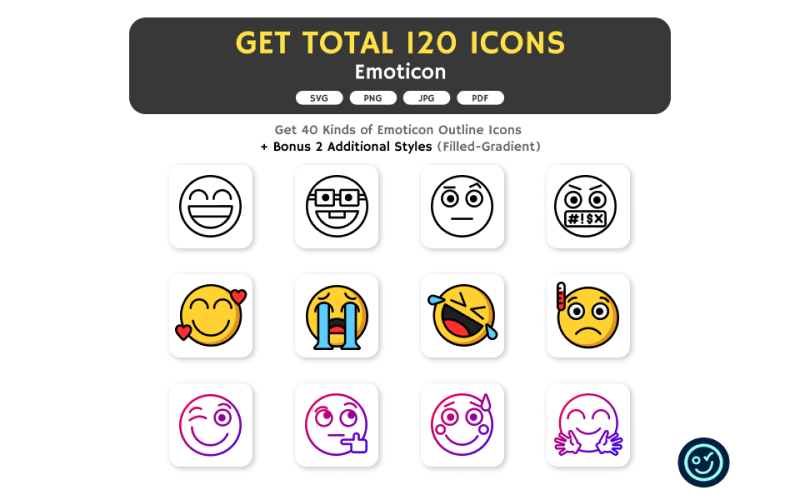 Total de 120 iconos de emoticonos: 40 tipos de iconos con 3 estilos