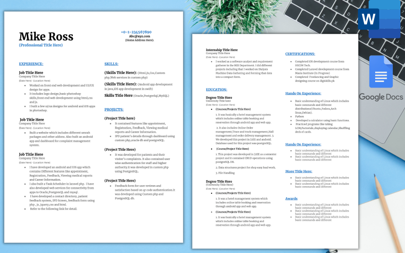MS WORD och Google Docs Optimerad modern CV-mall