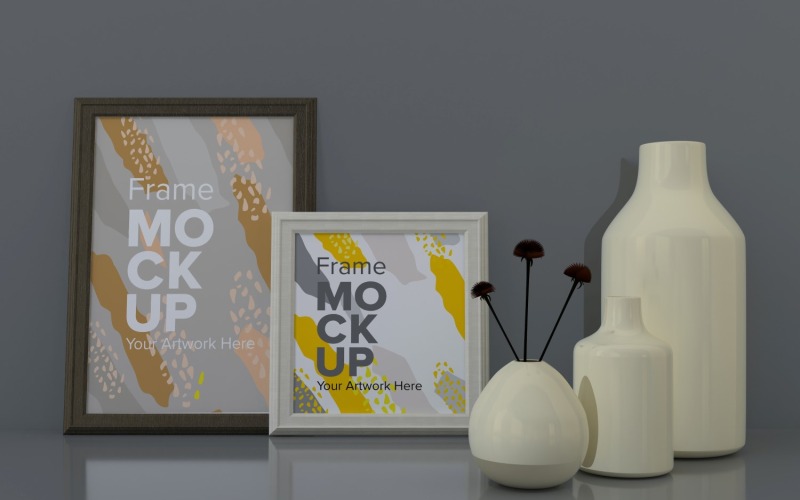 Two Frames On A Gray Wall With Vases On A Shelf Mockup Template