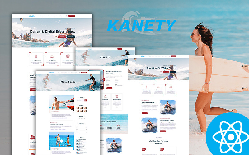 Modello di sito Web di Kanety multiuso per sport acquatici React Js