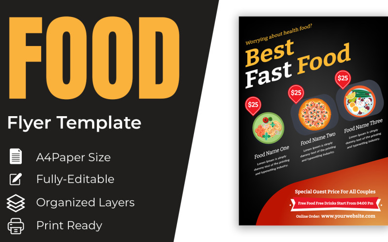 Fast Food Flyer Design Template Cibo Ordinare patatine fritte e cibo spazzatura Soda.