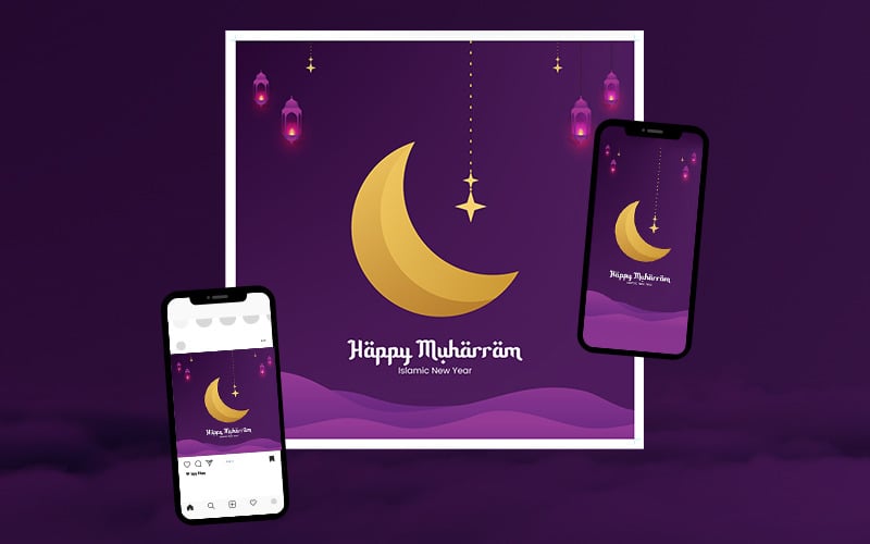 快乐穆哈拉姆 - 适用于印刷品和社交媒体的伊斯兰新年贺卡模板
