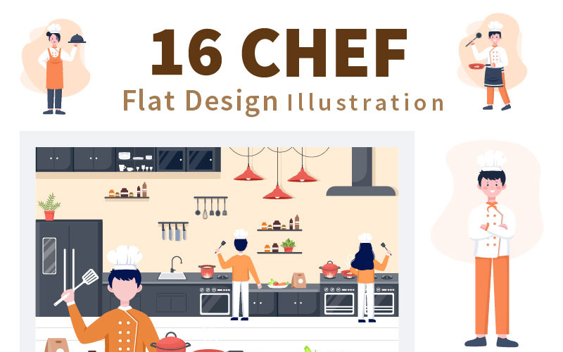 16 Chef está cocinando en la ilustración de fondo de la cocina