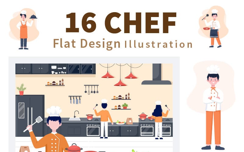 16 Chef está cozinhando na cozinha ilustração de fundo
