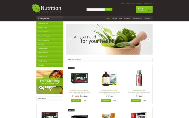 Bezplatný obchod s výživou responzivní téma Shopify