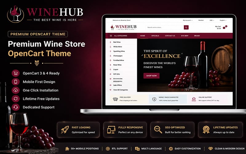 Адаптивная тема Opencart для Winehub, посвященная алкоголю и ликерам