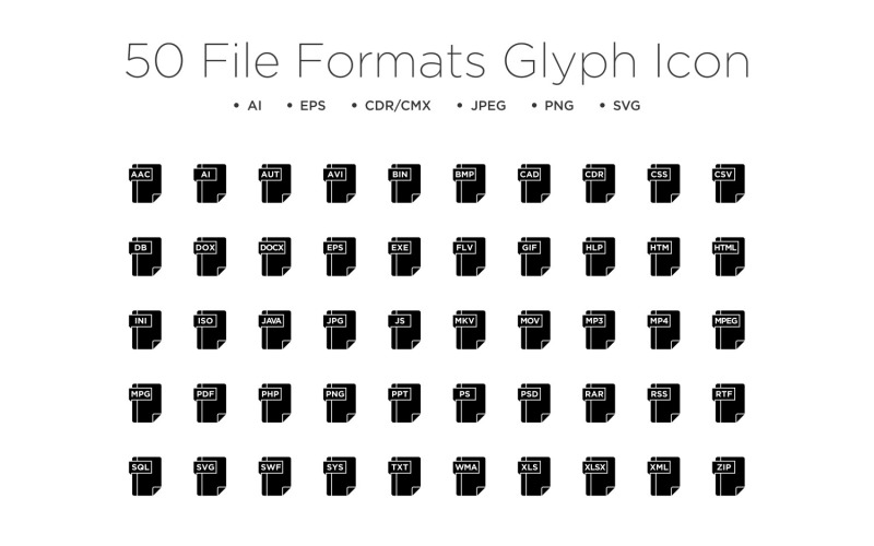 50 Dateiformate Glyphen-Icon-Set