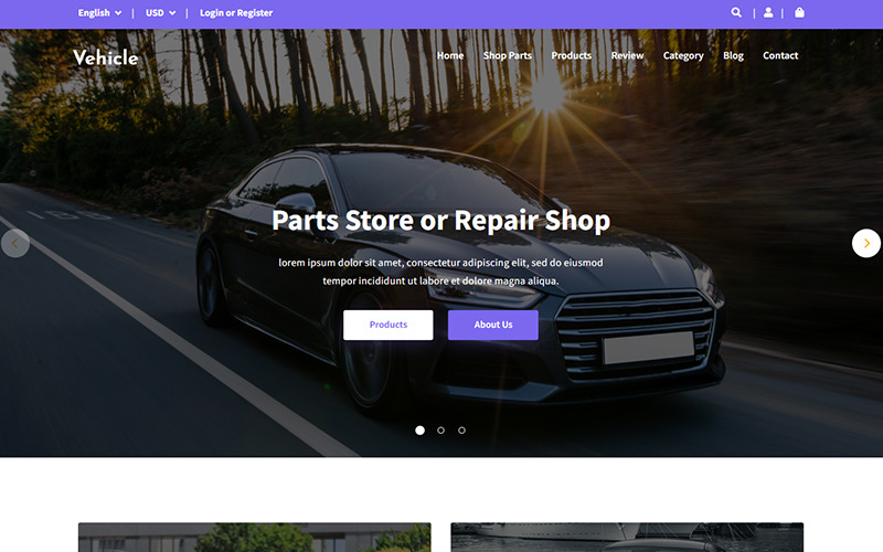 Veículo - Modelo de página inicial de loja de peças de automóveis