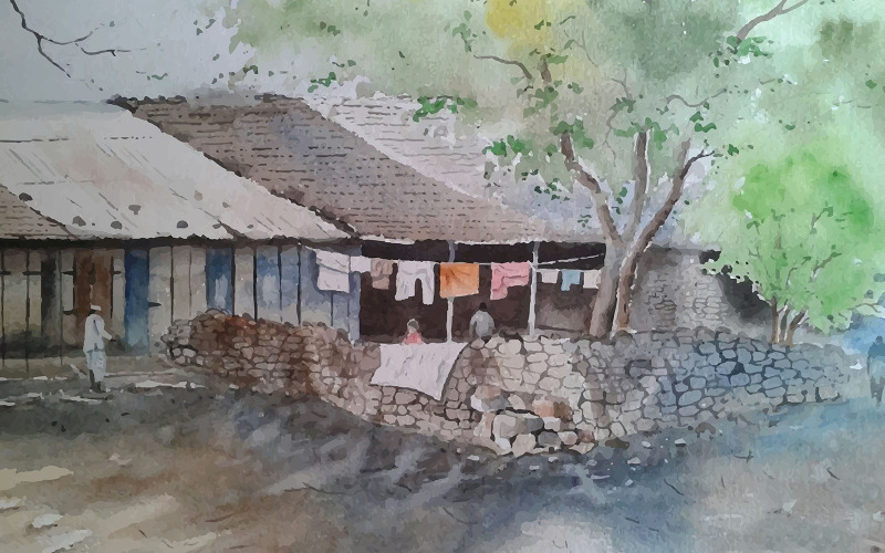 Arbre Aquarelle Sur Le Village Avec Beau Moment Illustration Dessinée À La Main