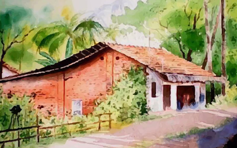 Акварель в деревне красивый дом зимний утренний пейзаж рисованной  иллюстрации