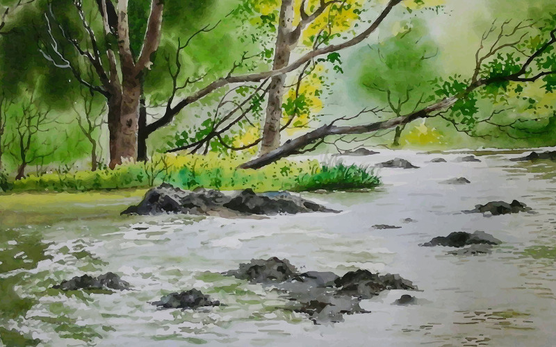 Akvarelu ve vesnici krásné povodně ručně kreslené ilustrace umění