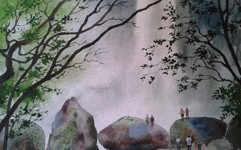 Aquarell-Hügel-Spiel mit Stein schöner Moment handgezeichnete Vektor-Illustration