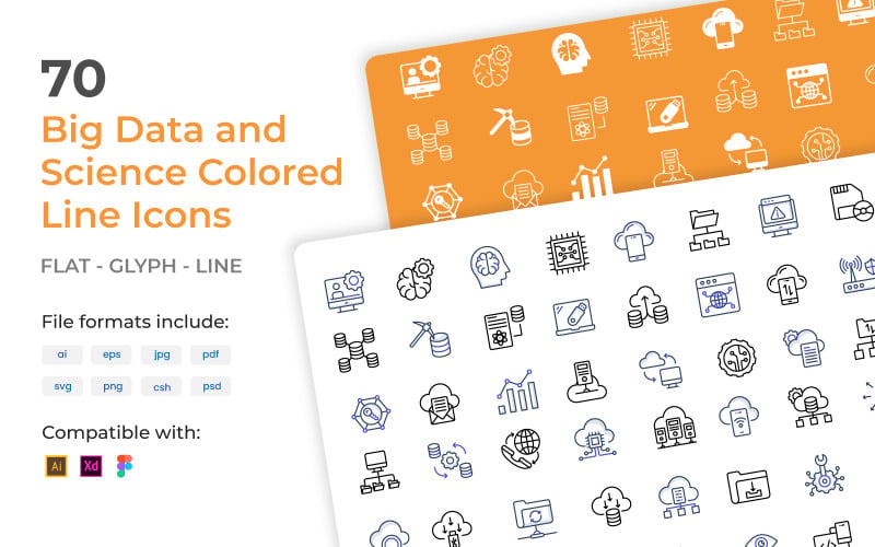 70 Big Data a Science barevná linie Iconset šablona