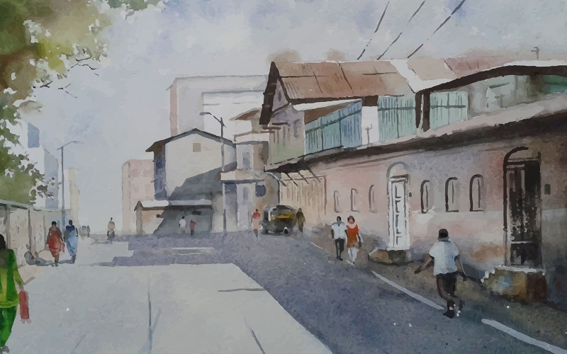 Estrada da cidade em aquarela com ilustração vetorial desenhada à mão em um lindo momento