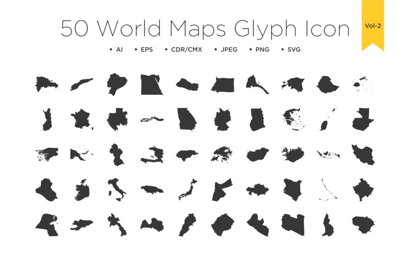 50 icone del glifo delle mappe del mondo Vol 2