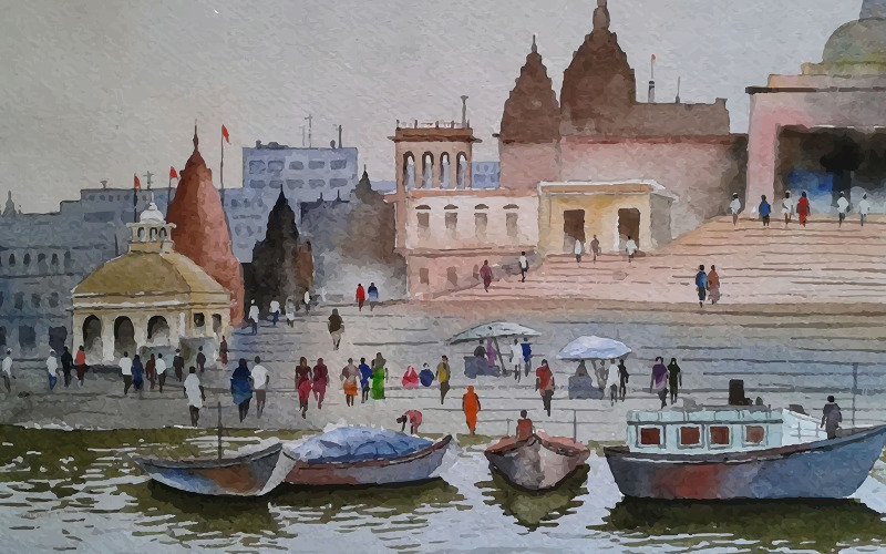 Ilustração em vetor desenhada à mão para cidade em aquarela com lindo momento do rio
